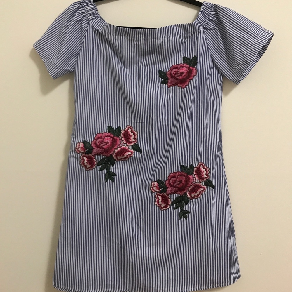 Striped mini dress with floral embroidery